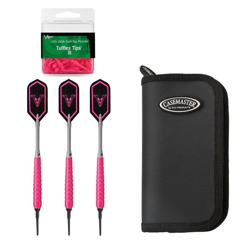 Viper 20-9076 V Glo Soft Tip 18gm Pink Casemaster Deluxe Black Nylon Dart Case & 2BA Tufflex Tips Pink - 100 Count