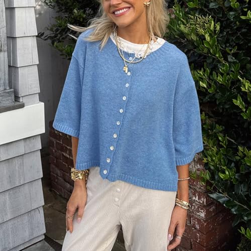 Women Y2k Cute Summer Knitted Cardigan Shirt Vacation Cover up Tops Short Sleeve Button Down Oversized Crop Tops3