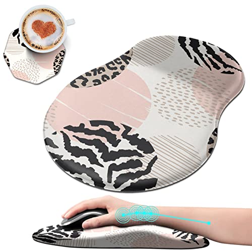 Ergonomic Mouse Pad with Wrist Rest Support + Cup Coasters,Thick Mousepad Relief Carpal Tunnel Pain, Mouse Pad with Non-Slip PU Base, Computer Mouse Pads for Wireless Mouse,Pink Leopard Print