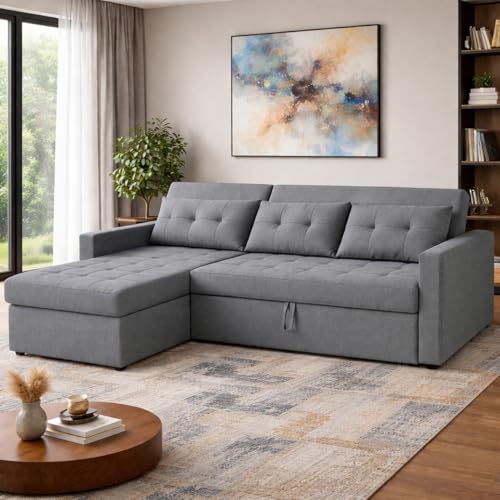 Image of Emilio 4 Seater LHS L - Shape Pull-Out Sofa Cum Bed Sofa for Living Room (Dark Grey Fabric Color) Premium Fabric Sofa Set for Living Room Sofa Cum Bed