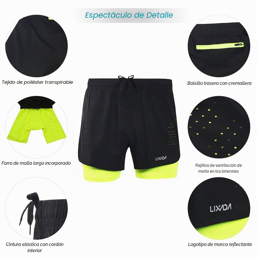 Lixada Pantalones Cortos de Running 2-en-1 para Hombres, Transpirables y de Secado Rápido