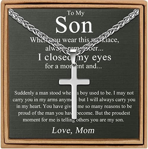 JoycuFF Birthday Gifts for Son Necklace for Men Cross Pendent Silver Chains for Men Cool 18 Inches Stainless Steel Necklace for Son Christmas Graduation Baptism Gift for Him