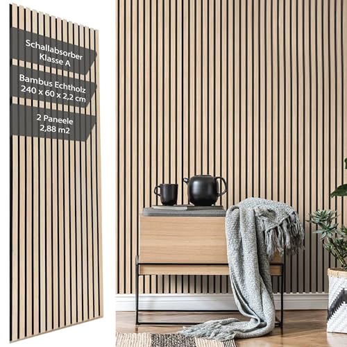Vereg Akustikpaneele Holz 240x60 I 2er Set I 22mm hohe Bambus Paneele, KEIN MDF I 3D Wandpaneele mit Filz & Schalldämmung (Klasse A) I Wandverkleidung für Wohnzimmer, Gaming und Büro I aus Echtholz