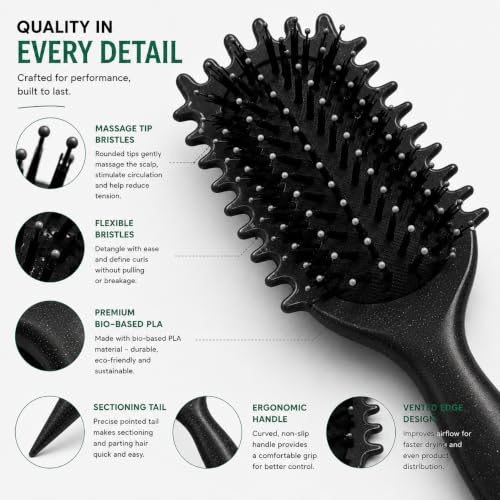 Image of Combelle 5-in-1 Curl Hair Brush, Vegan Boar Bristles, Bio-Baked PLA Handle, Detangling and Frizz Control for Curly Hair (Black)