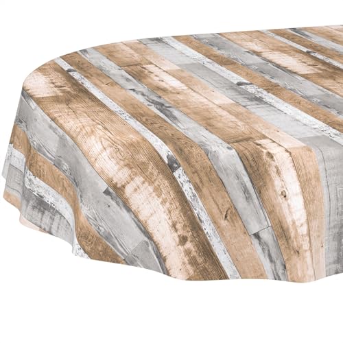 Tischdecke oval abwaschbar ohne Einfassung – PVC-Wachstuch Holzoptik Braun Grau – schmutzabweisend & strapazierfähig… – Ansicht 1