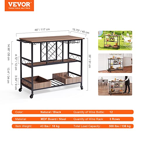 Vevor Bar Cart, Home Serving Cart, 3 Tiers 300 Lbs Industrial Rolling Beverage Station On Lockable Wheels, Mobile Alcohol Drink Cart With Removable Tray Wine Rack Glass Holder For Kitchen Dining Room #TOP6