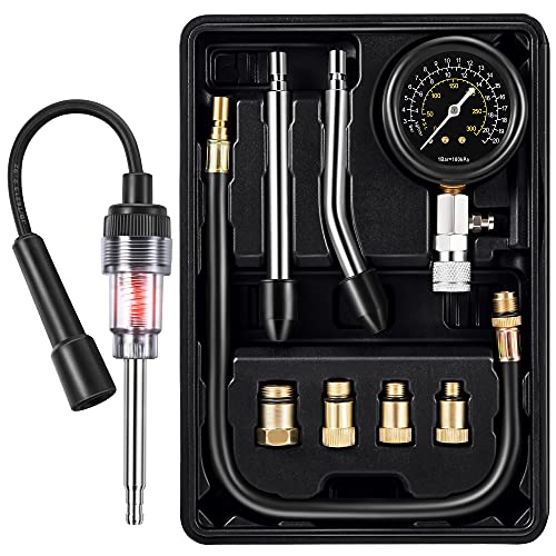 9 Pieces Automotive Compression Tester Kit and Spark Plug Tester, Universal Car and Motorcycle Engine Testing Tools for Cylinder Pressure Gauge (Black)