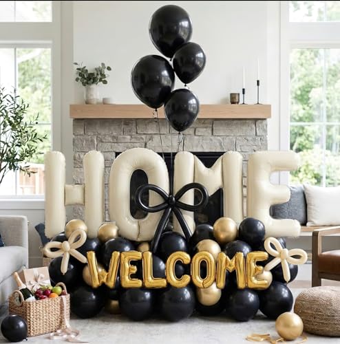 72Pcs Housewarming Party Decorations - 40 Large HOME Letter WELCOME Letter Balloons Gold White Black Balloons Long Twisting Balloons for New Home Sweet House Warming Homecoming Party
