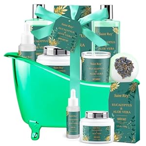 Bath Spa Gift Set Eucalyptus & Aloe Vera Spa Basket Kits for Women and Men, Contains Essential Oil, Shower Gel, Bubble Bath, Body Lotion, Bath Salt, Soy Candle, Best On Valentine’s Day, Mother’s Day