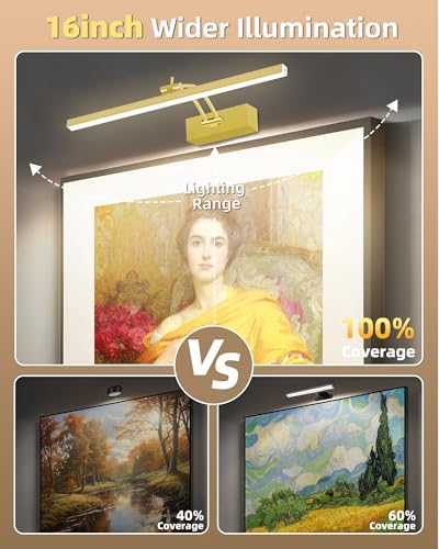 Image of 4Pack Rechargeable Picture Light, 5200mAh Brass Battery Operated Picture Lights for Wall with Remote Control, 300LM 3000K Warm White Light 16 inch Metal Dimmable Picture Light for Painting & Artwork