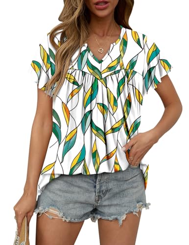 KISSMODA Tops for Womens Summer Cute Short Sleeve Shirts Trendy Notched Neck Blouses Casual Loose Pleated Tunics S-3Xl