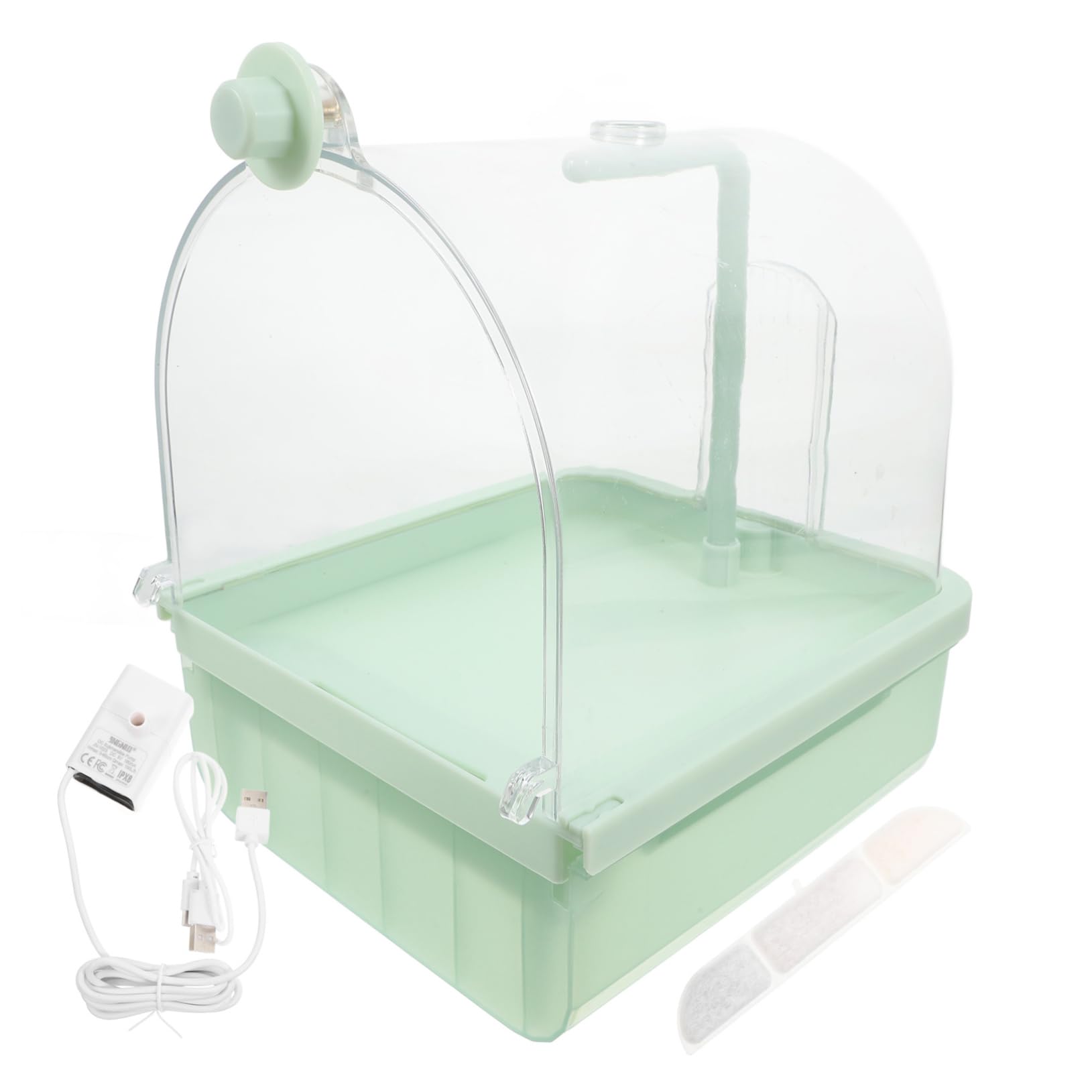 BESPORTBLE Baño Colgante para Pájaros Automático con Grifo Giratorio 180° | Bandeja Externa Abs Verde Claro, para Rutina Interior y Aves, Compatible con Entrenamiento en Jaula