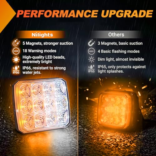 Image of Nilight Magnetic Strobe Lights 2PCS Amber White 12 LED Rechargeable