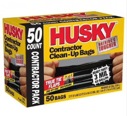 Husky Contractor Trash Bags 42 Gallon Heavy Duty 50 Count Tear Resistant Black