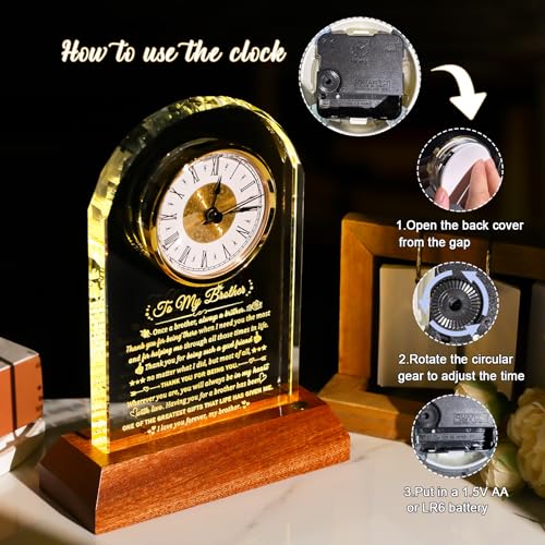 Image of Arikyrist Gifts for Brother from Brothers Sisters Meaningful Glass Clock Brother Birthday Gift with Wooden Light Base Crystal Keepsake for Fathers Day Christmas Graduation Presents for Best Brothers
