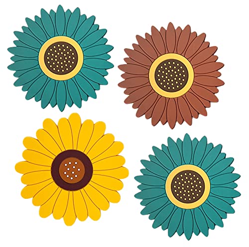 Image of Silicone Trivet Mat - Sunflower Hot Pot Holder Pads - Coasters for Kitchen - Placemat for Hot Dishes - Hot Pads for Table (Set of 4, Big, Multi)