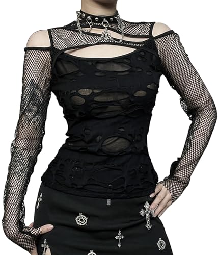 Image of Maeau - Women Gothic Tank Top Y2K Crop Top Mesh Punk Long Sleeve T-Shirt Black Blouse Casual Slim Vest Summer Camisole for Party Club