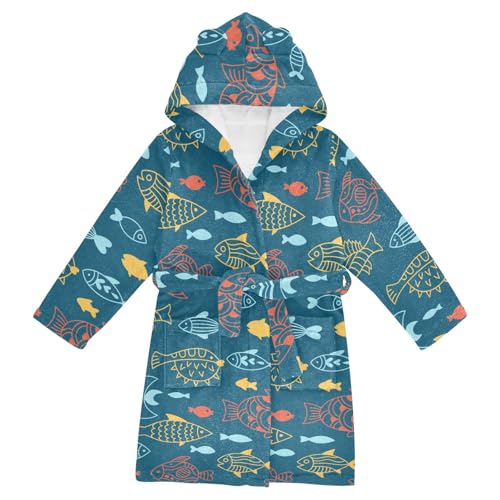 WIFIU Toddler Baby Hooded Bathrobe for Boys Girls Fish Abstract Tropical Printed, Soft Plush Bath Towel Robe with 2 Pockets Doodle Pattern for 7-9 Years