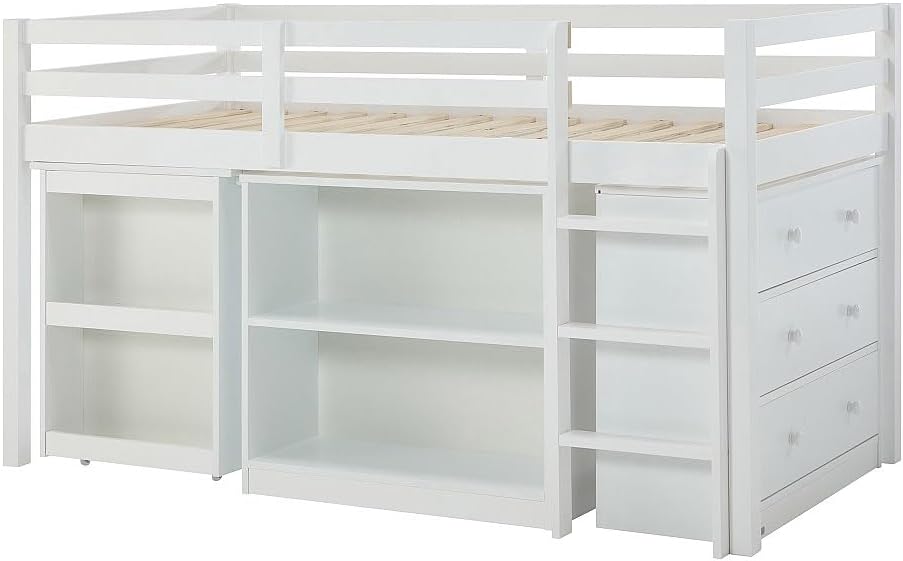 ඉදිරිපස view of the Vente-unique ABRENO combined bed, showcasing the three integrated drawers and open shelving units.