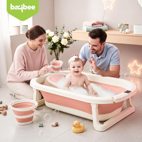 Image of Baybee Aquabee Baby Bath Tub Set for Kids | Portable Bathing Tub with Temperature Sensing | Foldable Bucket & Mug | Bath Seat Chair | Multi-Purpose Bathtub for Baby Bather for 0 to 5 Years (Pink)