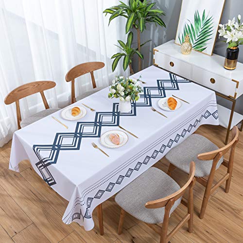 ENCOFT Mantel para Mesa Rectangular de PVC Impermeable Resistente al Aceite Manteles de Plástico Antimanchas Hules para Mesas Comedor Cocina Patrón Geométrico de Rombos Azul Blanco 137x220cm