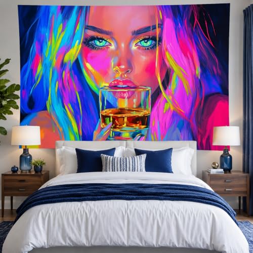 Image of BlissYard Neon Tapestries Cool Girl Anime Wall Tapestry Aesthetic Blacklight Tapestry UV Reactive Purple Tapestries Glow In The Dark Art Wall Hanging Poster Room Bedroom Party Backdrop Decor 78x59 In