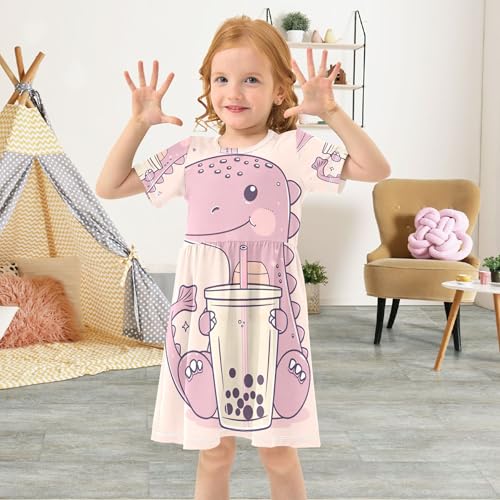 Toddler Girls' Dresses 2t Dinosaur Holding Bubble Tea Summer Short Kids Western Dress Children4