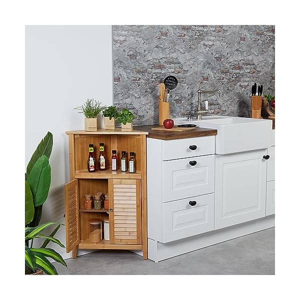 Relaxdays Eckschrank, Bambus, HxBxT: 92 x 58 x 30 cm, Badschrank mit 2 Lamellentüren, Eckkommode für Bad & Küche, Natur – Bild 3