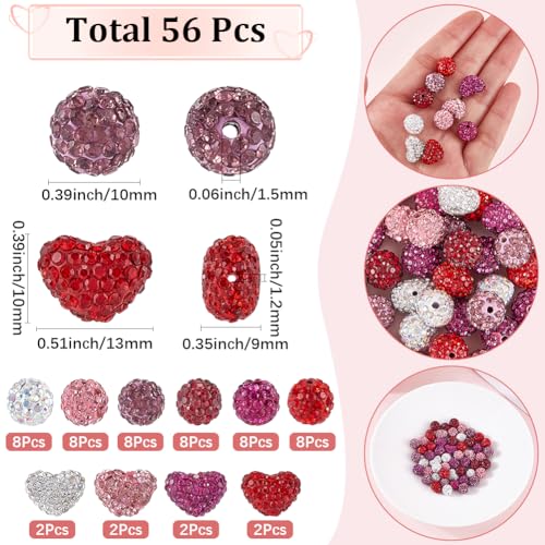 SUNNYCLUE 56pcs Valentine Day Clay Beads Heart Clay Beads Sparkly Shiny Rhinestone Pink Red White Fancy Diamond Round Shaped Spacer Bead For Jewellery Making Pen Beading Women Earring Gifts Supplies - Image 2
