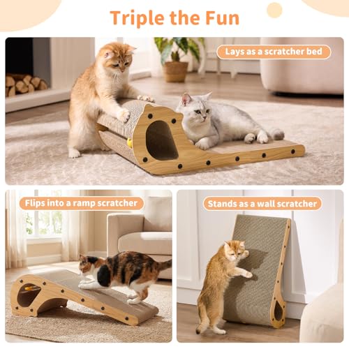 ZOMISIA Cat Scratcher Bed, 2 in 1 Cardboard Scratching Board for Indoor Cats, Scratch Couch Lounge with Bell Ball Toy for Double-Sided Usability - Image 3