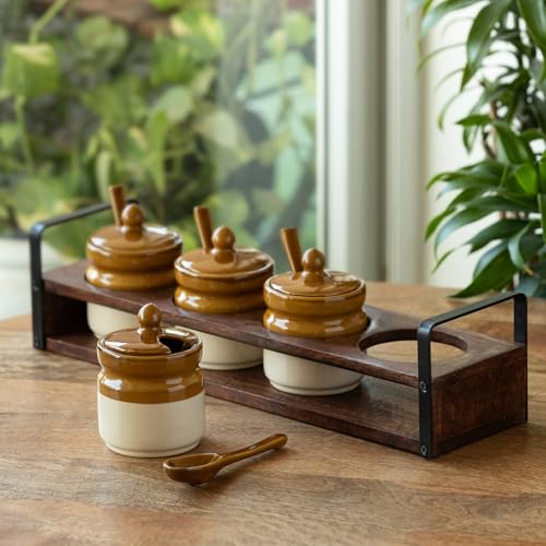 Image of ExclusiveLane 'Barni Tales' Ceramic Pickle Jars for Dining Table With Spoon & Wooden Holder (Set Of 4, Non-Airtight, 270 ml) |Pickle Jar With Spoon Achar Jar Set Achar Container Set for Dining Table|