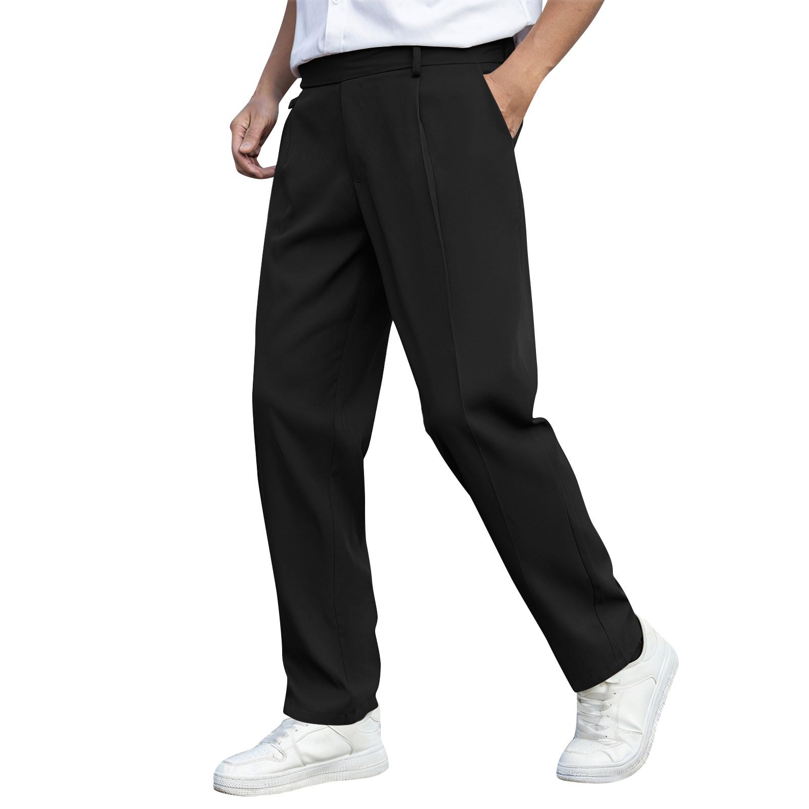 Mens Casual Dress Pants Pleated Front Stretch Waist Classic Fit Slacks Wrinkle Free Comfy Business Casual Formal Wear