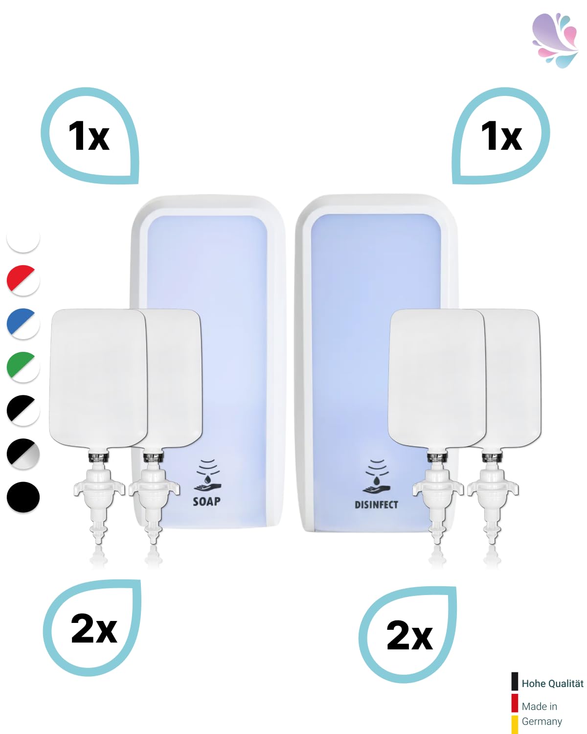 Set Cosmos Handhygiene Sensor Komplettset Weiß | Berührungsloses Cosmos Handhygiene-Komplettset mit Sensor-Spendern, 4 Kartuschen und bis zu 7.000 Anwendungen