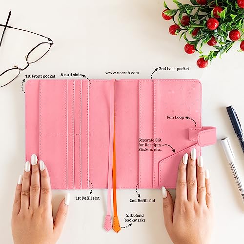 Image of NEORAH - B6 Notebook SLEEVE with SNAP Button - [ SLEEVE ONLY ]|Vegan Leather|Office Diary Holder with Penloop| 2 Front & 1 Back Pocket | 6 Card Slots |2 BookMarks - Fits any B6 Softcover - PINK