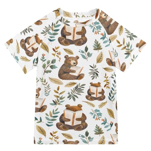 ALAZA Boys Swim Shirts Toddler Rash Guard Short Sleeve Rashguard Bears Reading UPF 50+ 11-12T