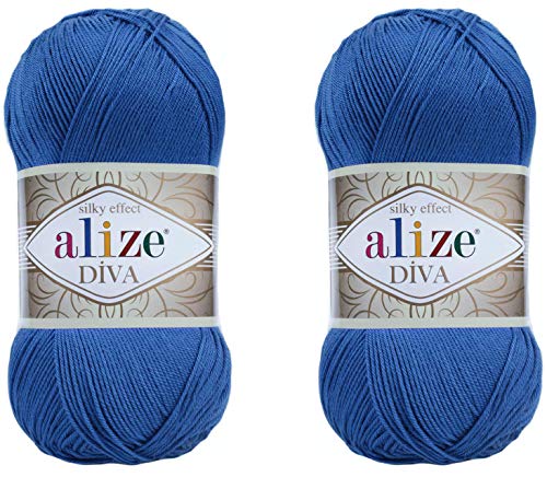 Alize Diva Yarn Hand Knitting Yarn 100% Microfiber Acrylic Yarn Alize Diva Silk Effect Thread Crochet Art Lace Craft Lot of 2 skeins 200gr 767 yds (132-Royal Blue)