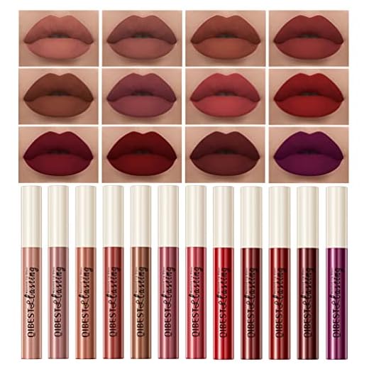 QiBest 12Pcs Matte Liquid Lipstick Set for Girls & Women, 24 Hours Long Lasting Waterproof Nude & Dark Red Lip Gloss Makeup Gift Kits, Velvet Non-Stick Cup Mate Duracion 24 Horas Originales Lip Stains