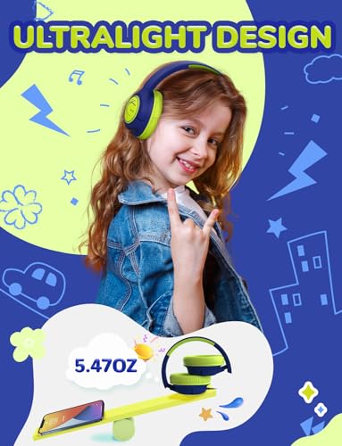 Image of iClever Kids Headphones, Childrens Headphones for Kids 85dBA Safe Volume Limit, Stereo Sound Foldable Over Ear, 3.5mm Jack Boys Girls Headphone for School /Travel /Tablet /PC, Blue Green