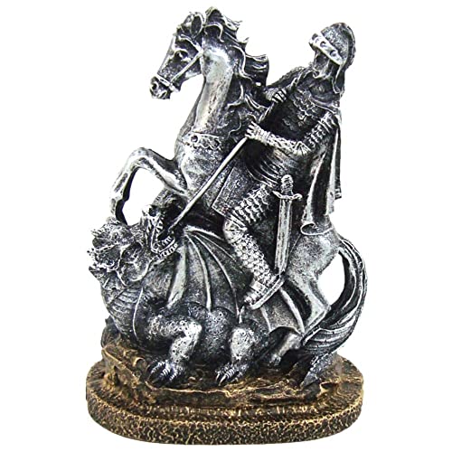 Estátua São Jorge com Cavalo e Dragão Decorativo cor Ouro.
