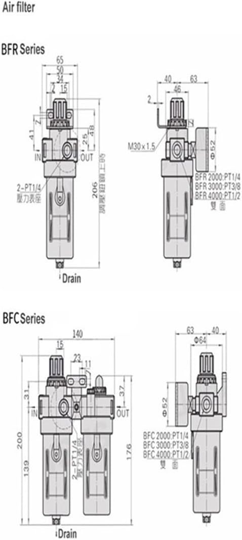 BFC-2000 BFC-3000 BFC-4000 Pneumatic Air Source Treatment Unit w Gauge Air Filter Pneumatic Pressure Regulating Valve(BFC4000 PC12)
