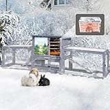 COZIWOW Insulated Large Rabbit Hutch Outdoor Indoor Bunny Cage, 2-Level Wooden Small Animal House Pet Enclosure with Insulation Liner & All-Covered Sloped Roof, Colorful Patterns (Grey)