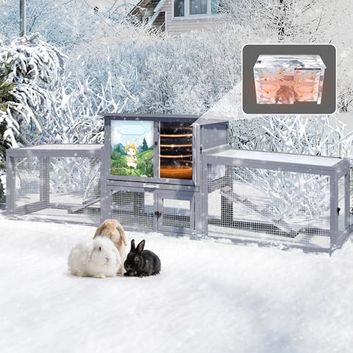 COZIWOW Insulated Large Rabbit Hutch Outdoor Indoor Bunny Cage, 2-Level Wooden Small Animal House Pet Enclosure with Insulation Liner & All-Covered Sloped Roof, Colorful Patterns (Grey)