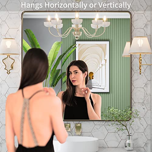 LOAAO 36”X36” Bronze Bathroom Mirrors for Vanity, Rounded Rectangle Brushed Bronze Metal Frame Mirror, Anti-Rust, Tempered Glass, Hangs Horizontally or Vertically