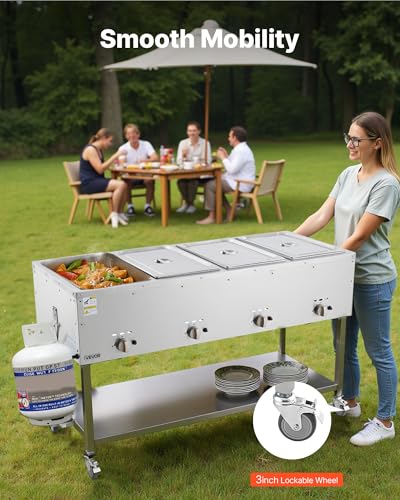 Image of VEVOR 4-Pan Commercial Propane Steam Table, LP Gas Outdoor Soup Warmer with Drain Valve and 3 inch Wheels, Stainless Steel Propane Food Warmer with Independent Temp Control, for Restaurant Outdoor Camping