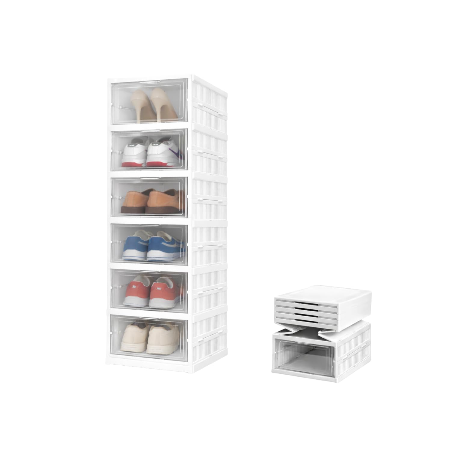 Porta Scarpe Verticale Impilabili Pieghevole Scatole Trasparenti 6 Box Salvaspazio Apertura Frontale Organizzatore PortaScarpe in Plastica Contenitori Traspiranti Scarpiera Sneakers