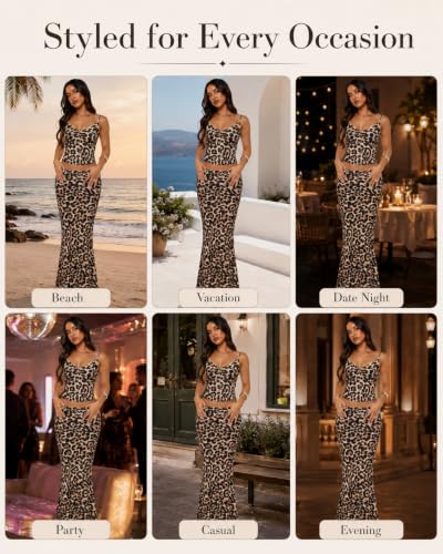 Image of Two Piece Skirt Set Women Maxi Long Skirt and Top Outfit | Soft stretchy 5 pc, slim bodycon, adjustable spaghetti straps, ruched crop tank, elastic waist, going out, beach vacation