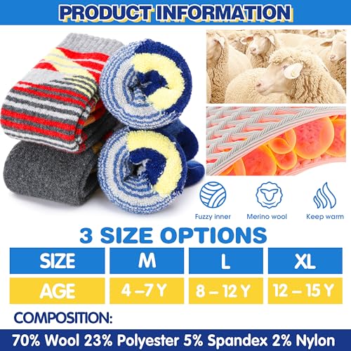 ANTSANG 3 Paar Kinder Merino Woll Skisocken für Jungen und Mädchen Thermische warme dicke Wintersocken mit Polsterung für Snowboarden und Skifahren(Rot/Blau/Grau,34-38)