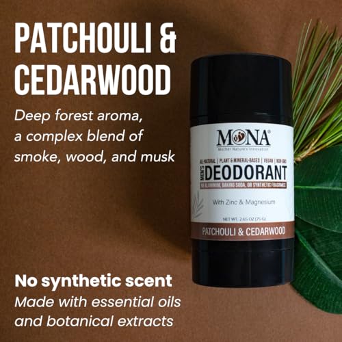 Image of All Natural Deodorant for Men Aluminum Free | Hypoallergenic Men's Deodrant, Magnesium Deodorant for Sensitive Skin | Absorbs Sweat | Won't stain clothes | By MONA Brands (Patchouli Cedarwood 2.65 Oz)