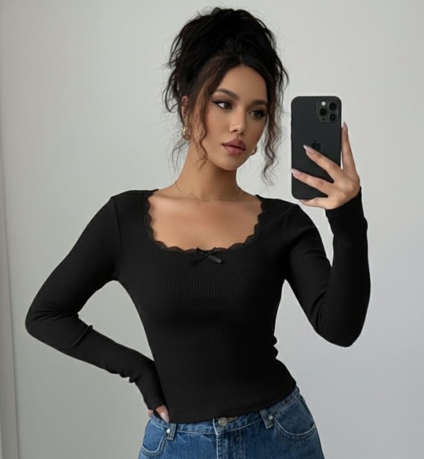 Image of Korean Deep Neck Lace Crop Top for Women, Full Sleeve Stylish Top, Trendy Slim Fit for Girls