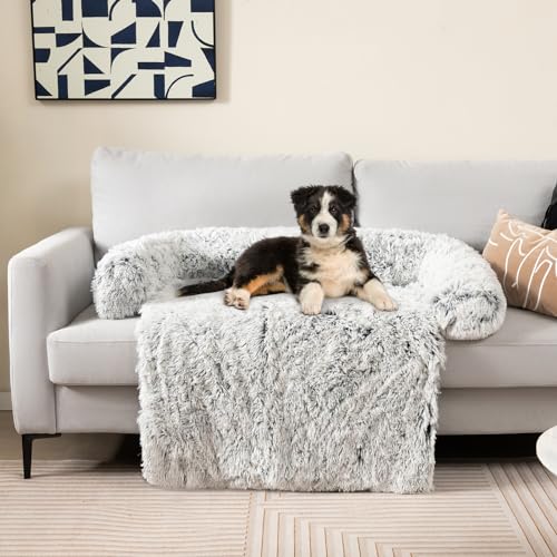 COSTWAY Hundebett flauschig, Sofaschutz Hund, Hundedecke für Sofa, Hundekissen waschbar, Plüschbett für kleine & mittelgroße & große Hunde Katzen, Hundematte aus Plüsch, 112 x 101 x 18 cm, Grau-weiß